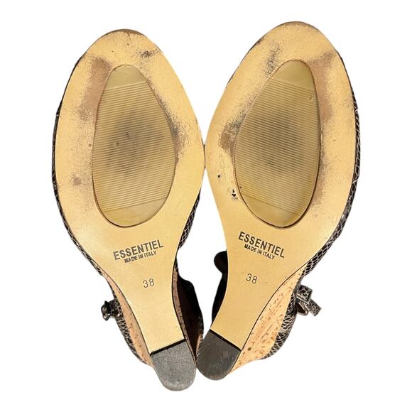 ESSENTIEL Wedge Leather Snake Embossed Cork Heel Peep Toe Buckle Italy EU 38 EUC - Picture 6 of 8